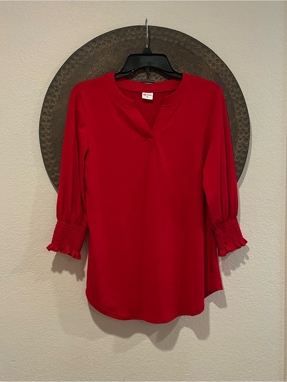 Classic Red V-Notch Blouse with Smocked Cuffs